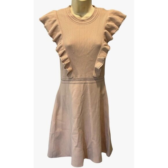 SANDRO PARIS Tilla Pink Blush Ruffle-Trim Embellished Rib-Knit Mini Dress - Picture 2 of 13